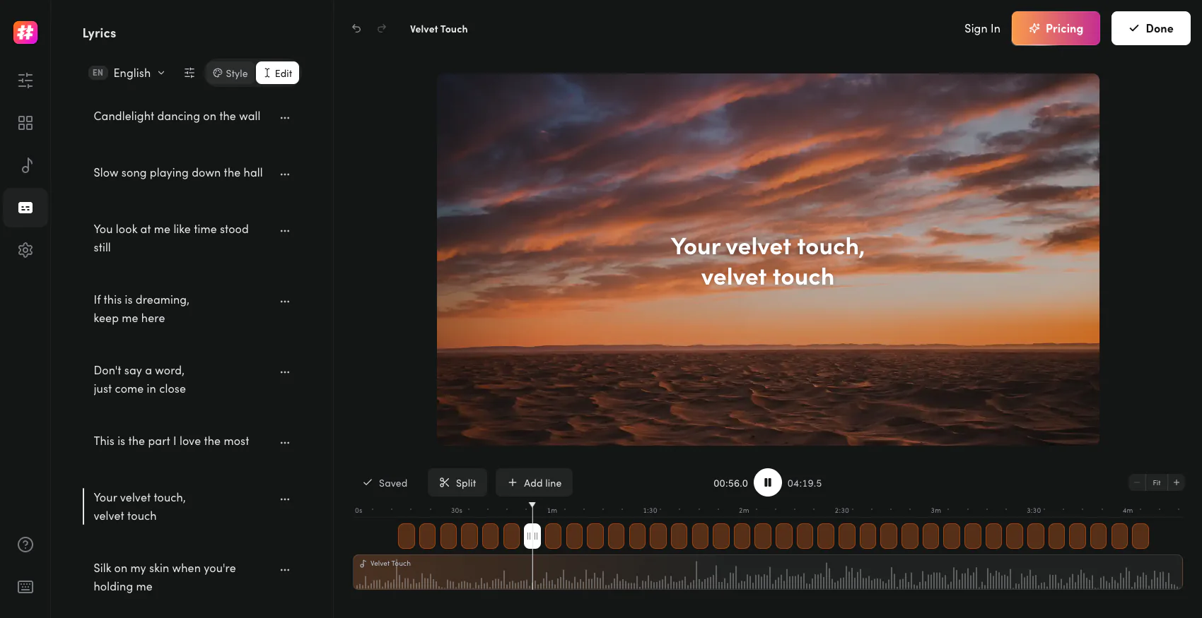 The Onemaker editor with a lyric video open: the lyric lines beside the video, the song's sound wave on the timeline