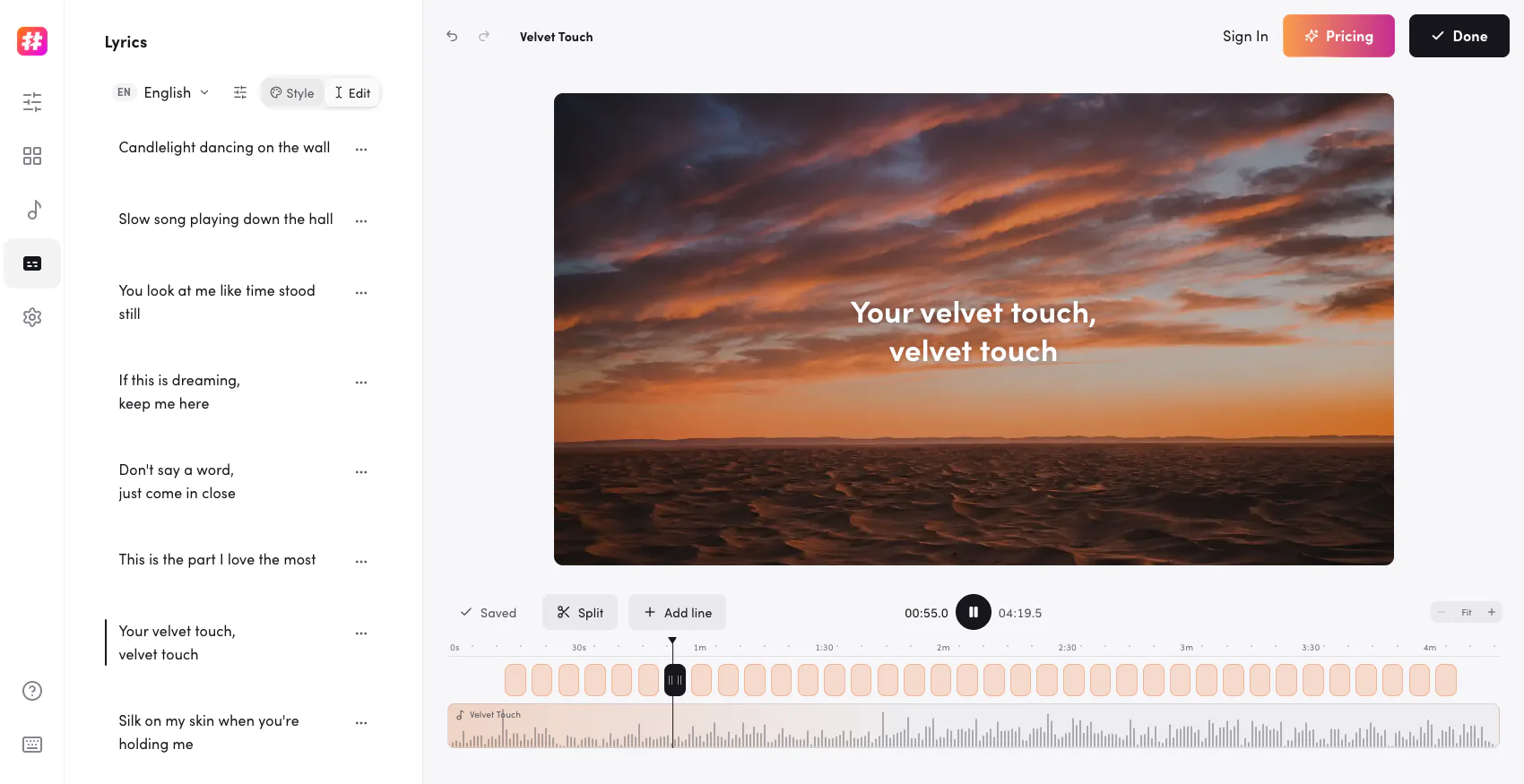 The Onemaker editor with a lyric video open: the lyric lines beside the video, the song's sound wave on the timeline
